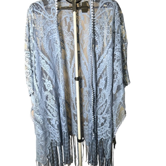 Blue Lace Poncho with Fringe and Open Front - Picture 1 of 3